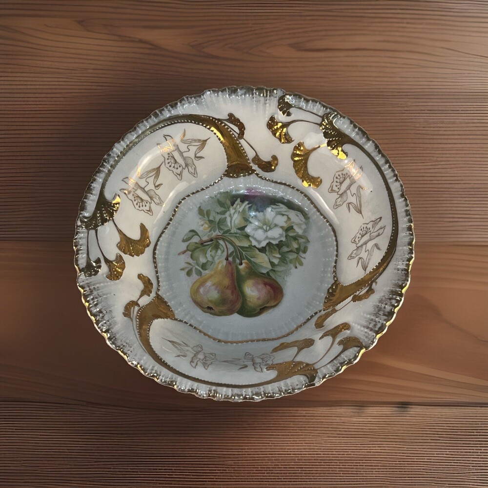 Antique Porcelain Bowl Hand Painted Pears Gold Gilt Victorian Rococo 10”